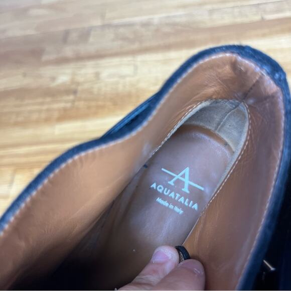 Aquatalia Tillie Black Suede Leather Buckle Wedge Boots Size 8.5 - Picture 6 of 8